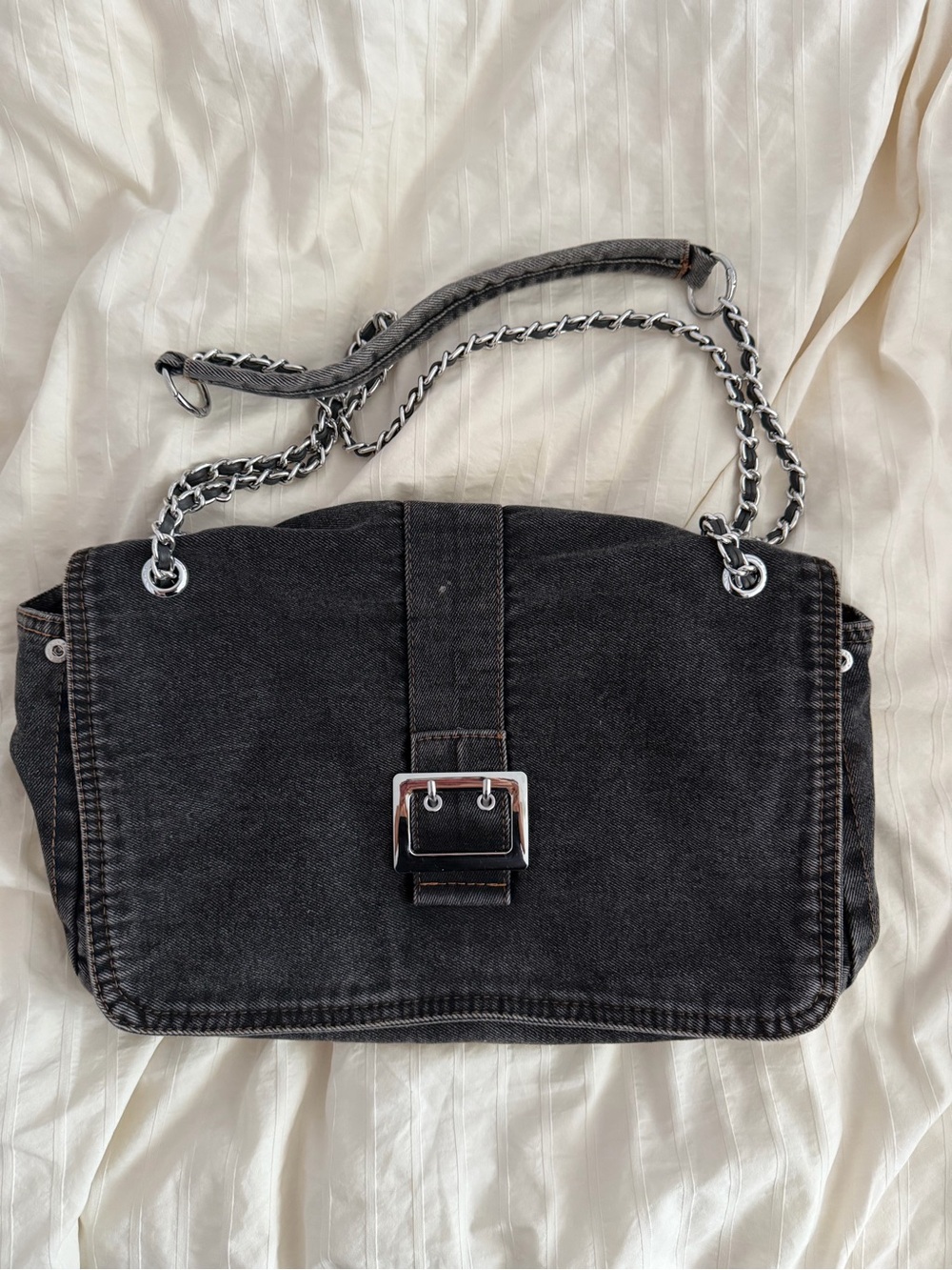 Black Denim Chain Strap Shoulder Bag